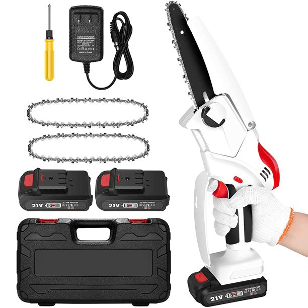 Mini Chainsaw 6-inch with 2 Battery,JoRocks Cordless Power Chain Saws with Security Lock, Handheld Small Chainsaw for Wood Cutting Tree Trimming - White
