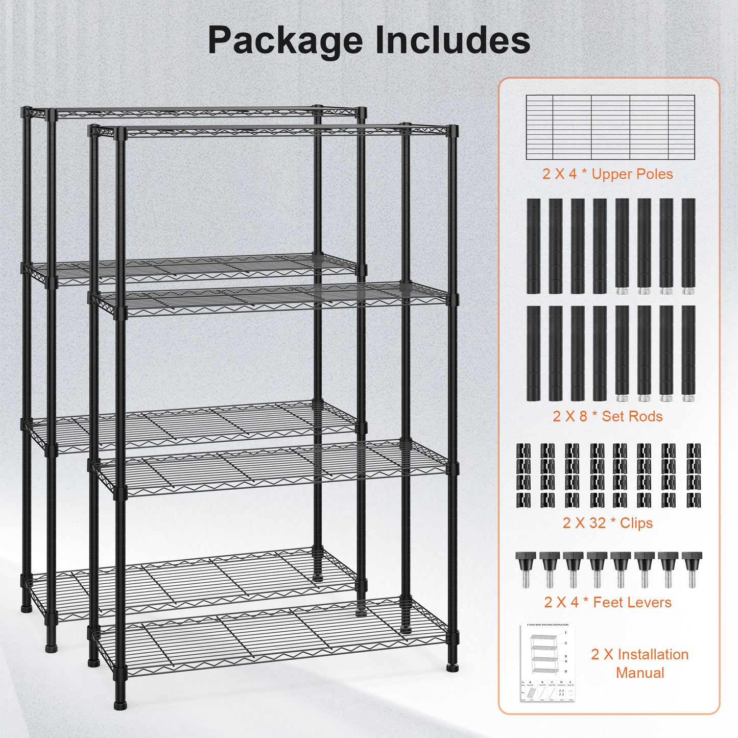 Qunler 2 Pack 4-Tier Storage Shelf Unit 54"H x 36"W x 14"D, Garage NSF Wire Shelving Steel Storage Shelves Heavy Duty Height Adjustable for 600lbs Capacity, Black
