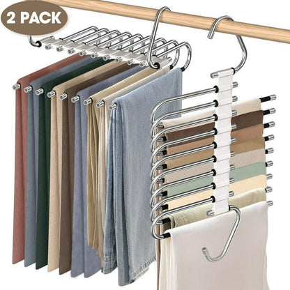 2 Pack Space Saving Pants Hangers, 9 Layers Non-Slip Stainless Steel Multiple Hangers for Closet Organizer, Greentro Pants Jeans Trousers Skirts Scarf Legging Hangers