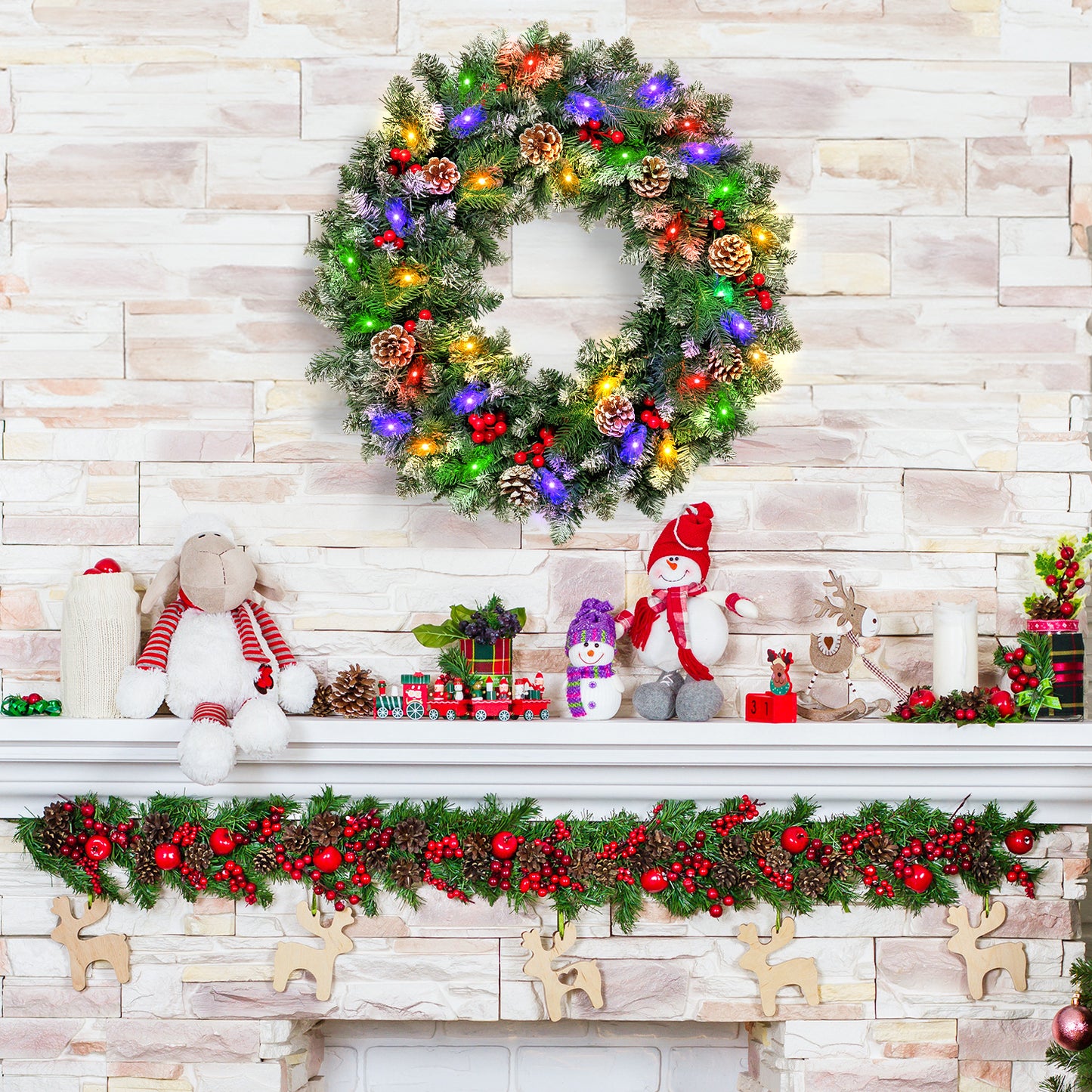 24" Pre-Lit Christmas Wreaths, Outdoor Lighted Christmas Wreath for Front Door, Christmas Red Berries, Pine Cones Wreath, Xmas Wreath Decor for Window Fireplace Indoor, Green