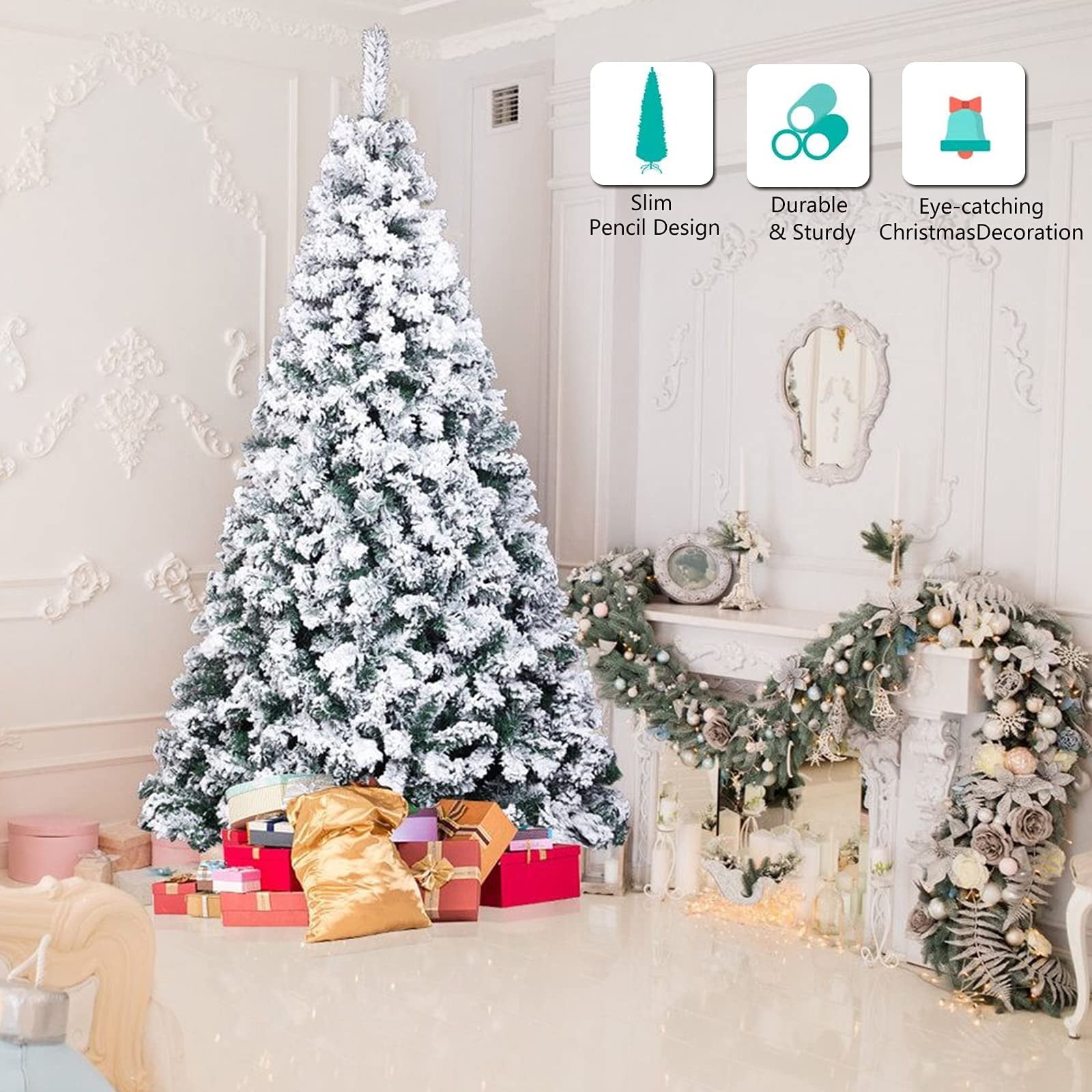 Ifanze 9ft Snow Flocked Christmas Tree with 2028 Tips, Artificial Snowy Xmas Pine Tree with Reinforced Metal Base for Home Office Party Holiday Decorations ,White(NO Light)