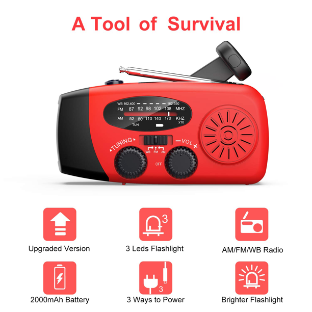 NOAA Weather Radio, posrue AM FM WB Hand Crank Emergency Radio, 2000mAh Rechargeable Power Bank for Phone Charger Portable Solar Radio, Weather Alert, Flashlight for Emergency