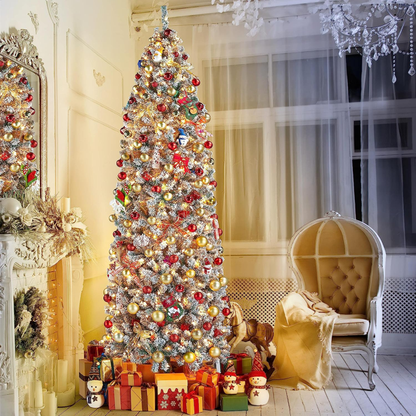Melliful 7.5Ft Pre-lit Snow Flocked Artificial Pencil Christmas Tree, with 1000 Branch Tips and 200 LED Lights Holiday Home Xmas Decoration，Metal Base Stand,White