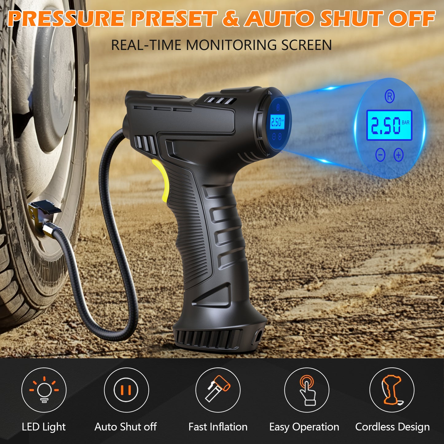 iFanze Cordless Tire Inflator Portable Air Compressor, 150PSI Air Pump with Digital Pressure Gauge, Auto Shutoff, Emergency LED Light for Car, Bike, Motorcycle, Ball