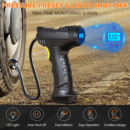 iFanze Cordless Tire Inflator Portable Air Compressor, 150PSI Air Pump with Digital Pressure Gauge, Auto Shutoff, Emergency LED Light for Car, Bike, Motorcycle, Ball