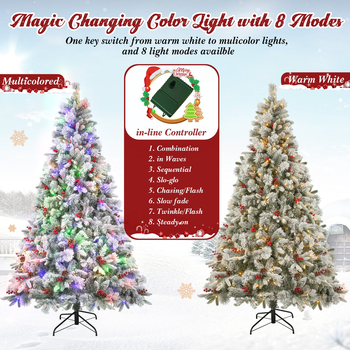 Qunler Pre-Lit Snow Flocked Christmas Tree, 7.5ft Artificial Snowy Pine Tree with 8 LED Light Modes & Sturdy Metal Base, Ideal for Home Office Party Xmas Holiday Decorations