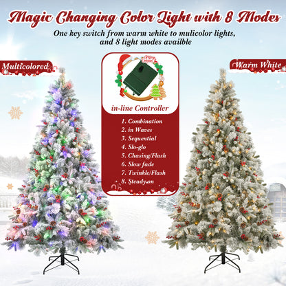 Qunler Pre-Lit Snow Flocked Christmas Tree, 7.5ft Artificial Snowy Pine Tree with 8 LED Light Modes & Sturdy Metal Base, Ideal for Home Office Party Xmas Holiday Decorations