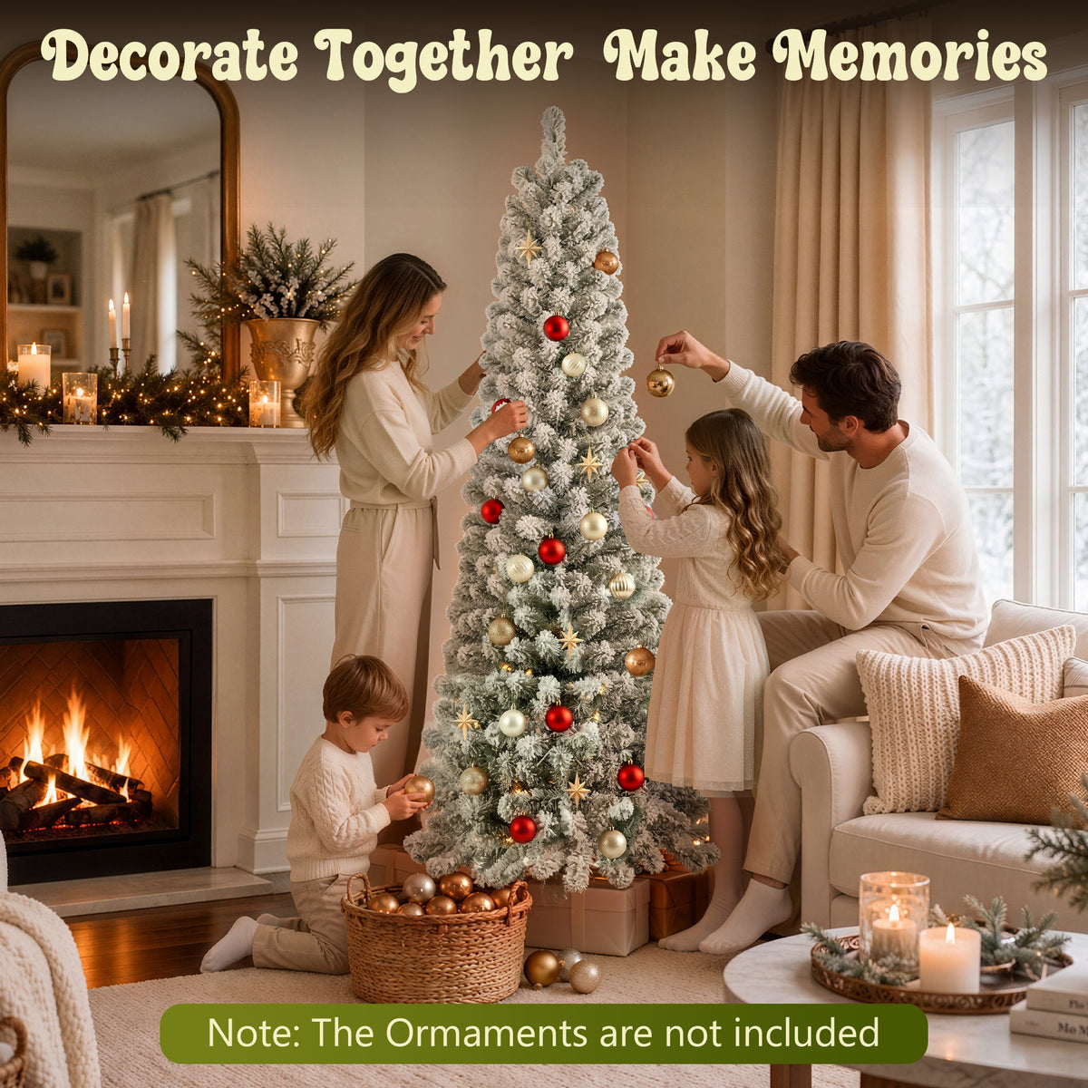6ft Pre-Lit Snow Flocked Pencil Christmas Tree, Artificial Slim Xmas Tree with Warm White & 10 Modes Multicolor Lights for Holiday Decor