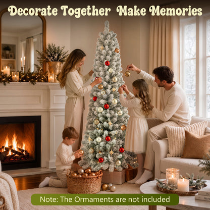 6ft Pre-Lit Snow Flocked Pencil Christmas Tree, Artificial Slim Xmas Tree with Warm White & 10 Modes Multicolor Lights for Holiday Decor