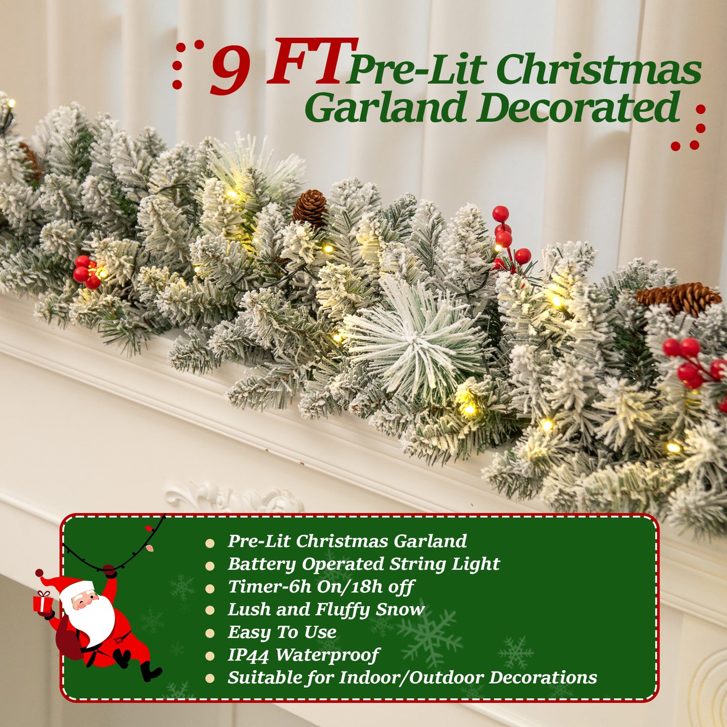 iFanze 9 FT Pre-Lit Christmas Garland with Lights for Outdoor Indoor, Lighted Pine Cone Snow Christmas Garlands with 80 LED Battery Powered String Light for Xmas Party Home Fireplace Front Decor
