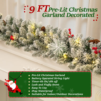 iFanze 9 FT Pre-Lit Christmas Garland with Lights for Outdoor Indoor, Lighted Pine Cone Snow Christmas Garlands with 80 LED Battery Powered String Light for Xmas Party Home Fireplace Front Decor