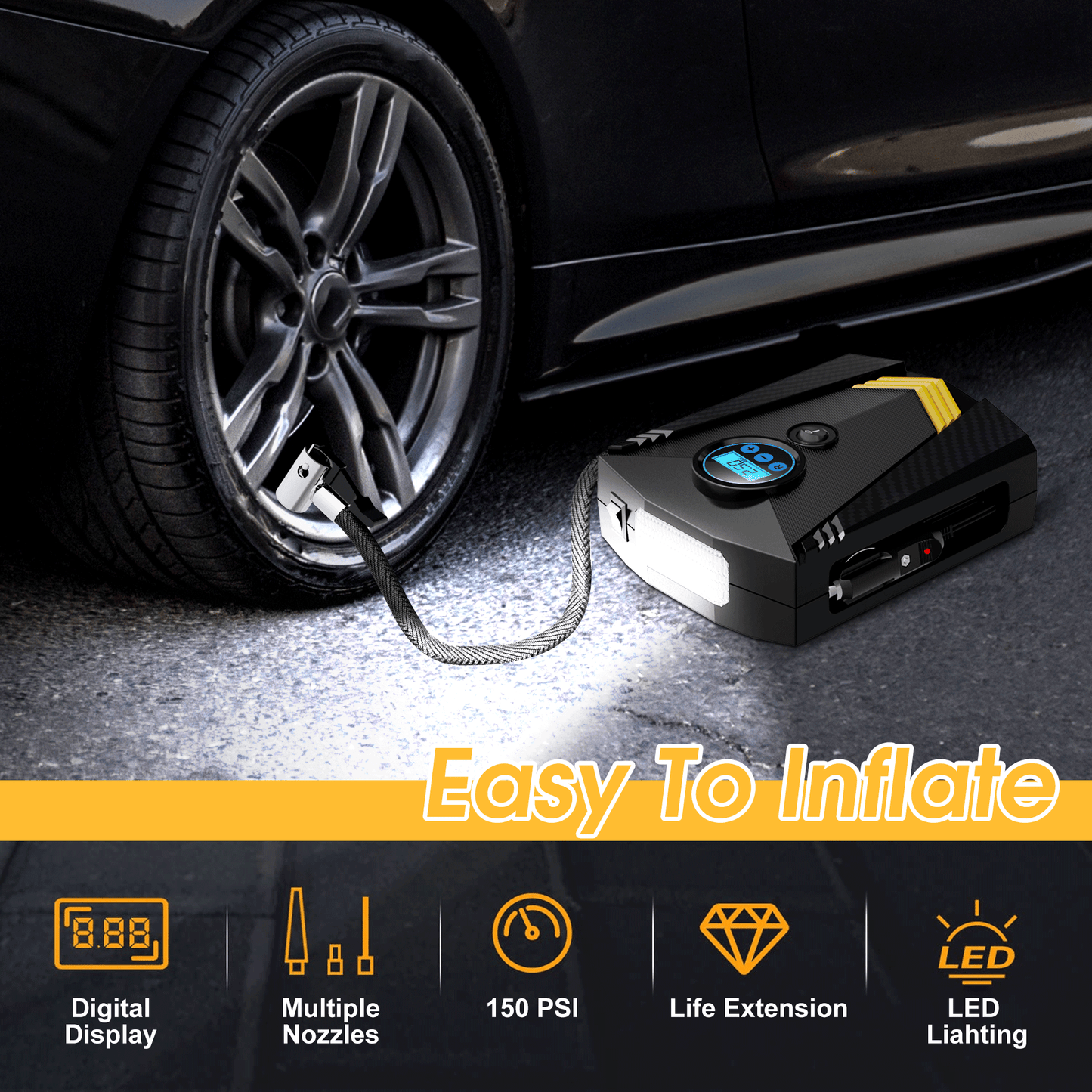 Tire Inflator, Portable Air Compressor for Car, Auto Air Pump with LED Light 12V DC, 150PSI Tire Pump Electric Air Pump for Car, Bicycle, Motorcycle,Bikes,Balls,Balloons, Black