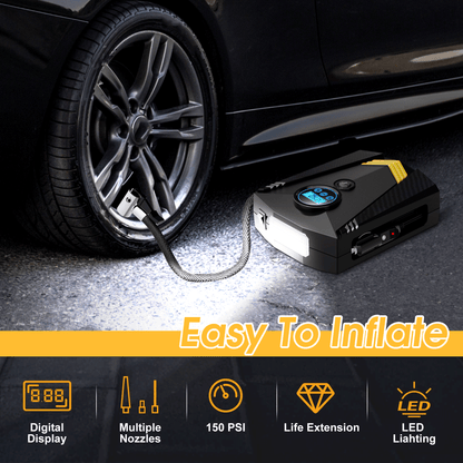 Tire Inflator, Portable Air Compressor for Car, Auto Air Pump with LED Light 12V DC, 150PSI Tire Pump Electric Air Pump for Car, Bicycle, Motorcycle,Bikes,Balls,Balloons, Black