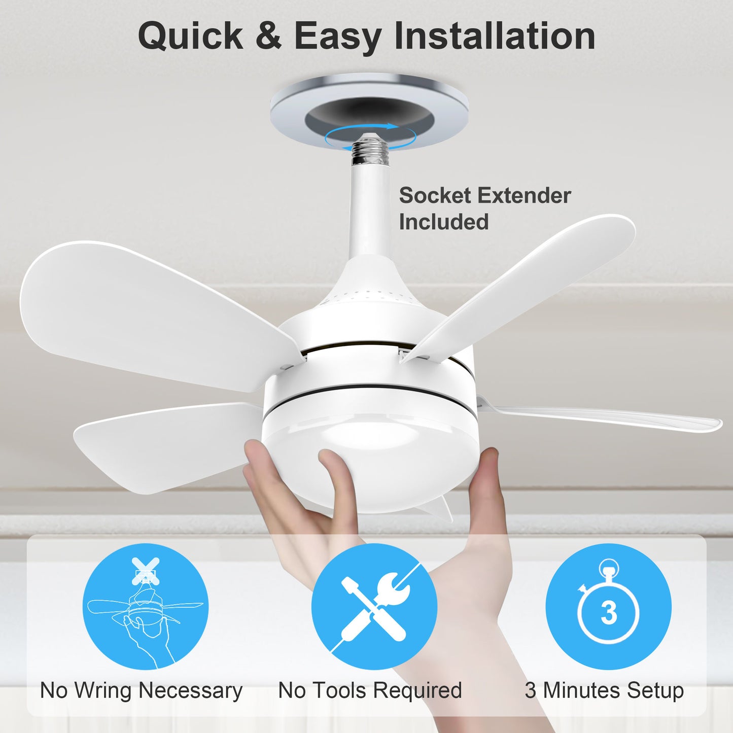 Socket Fan Light, Ceiling Fans with Lights and Remote, 3000K-6500K Dimmable LED Ceiling Fan with Light, 2000 Lumens Light Bulb Screw in Ceiling Fan for Bedroom Kitchen Living Room Closet Garage, White