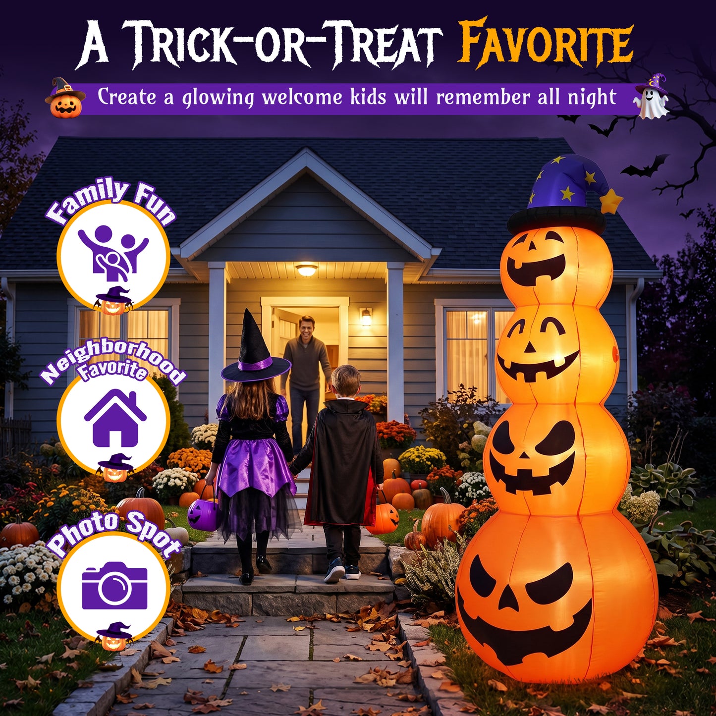 8 ft Halloween Pumpkin Stack Inflatable Decoration with Witch Hat, Lighted Blow up Yard Decor for Outdoor Lawn Garden