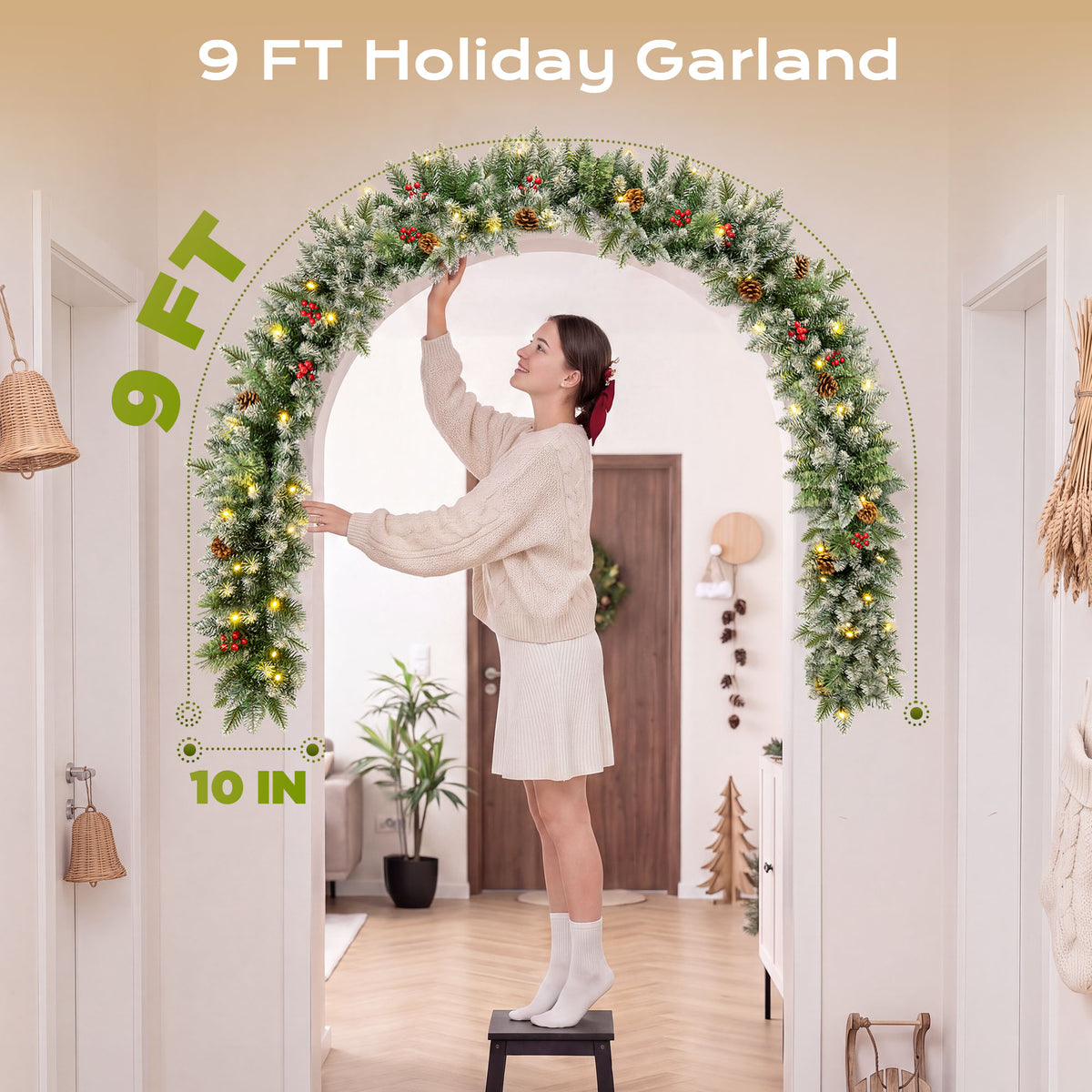 Qunler 9ft Outdoor Pre-Lit Christmas Garland with Lights & Timer for Fireplace Mantel Indoor Outdoor Christmas Decoration, 8 Modes, Battery Operated, Green