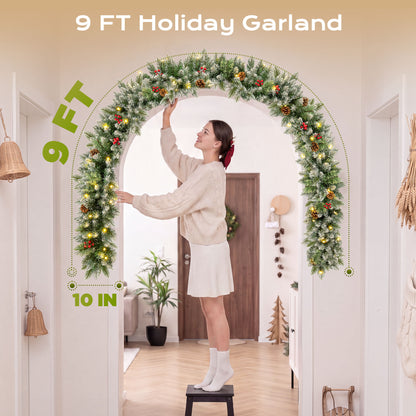 Qunler 9ft Outdoor Pre-Lit Christmas Garland with Lights & Timer for Fireplace Mantel Indoor Outdoor Christmas Decoration, 8 Modes, Battery Operated, Green