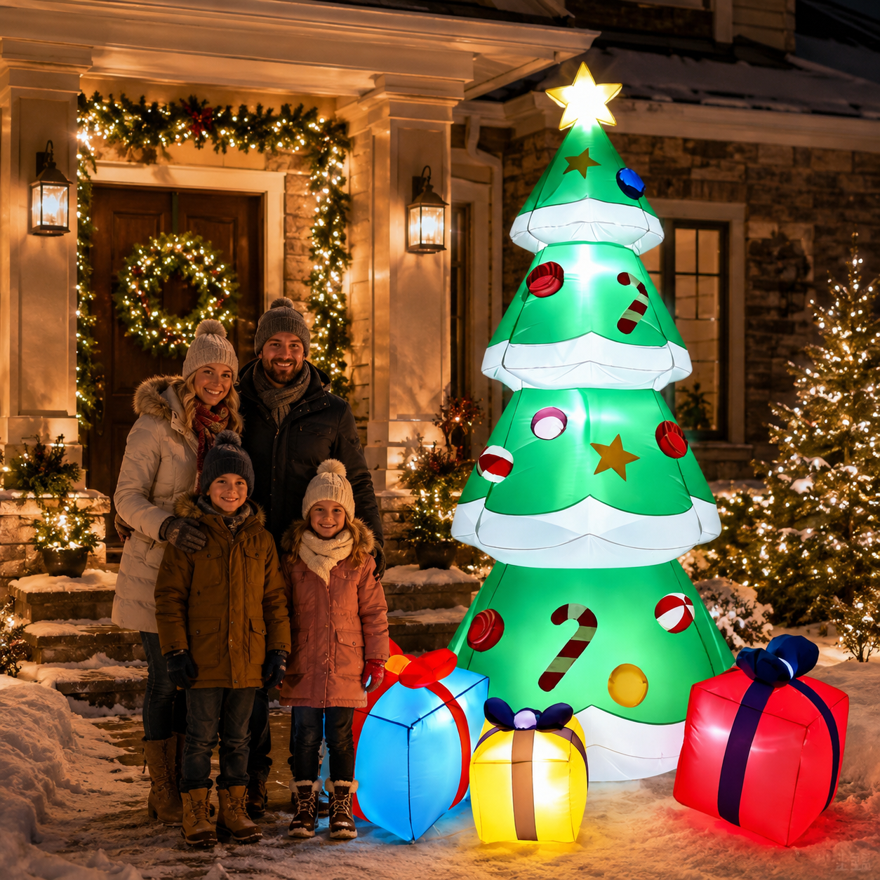 10 FT Inflatable Christmas Tree Blow-up Xmas Tree Decoration with LED Lights Star Treetop & Colorful Candy for Xmas Holiday Party Indoor Garden Patio