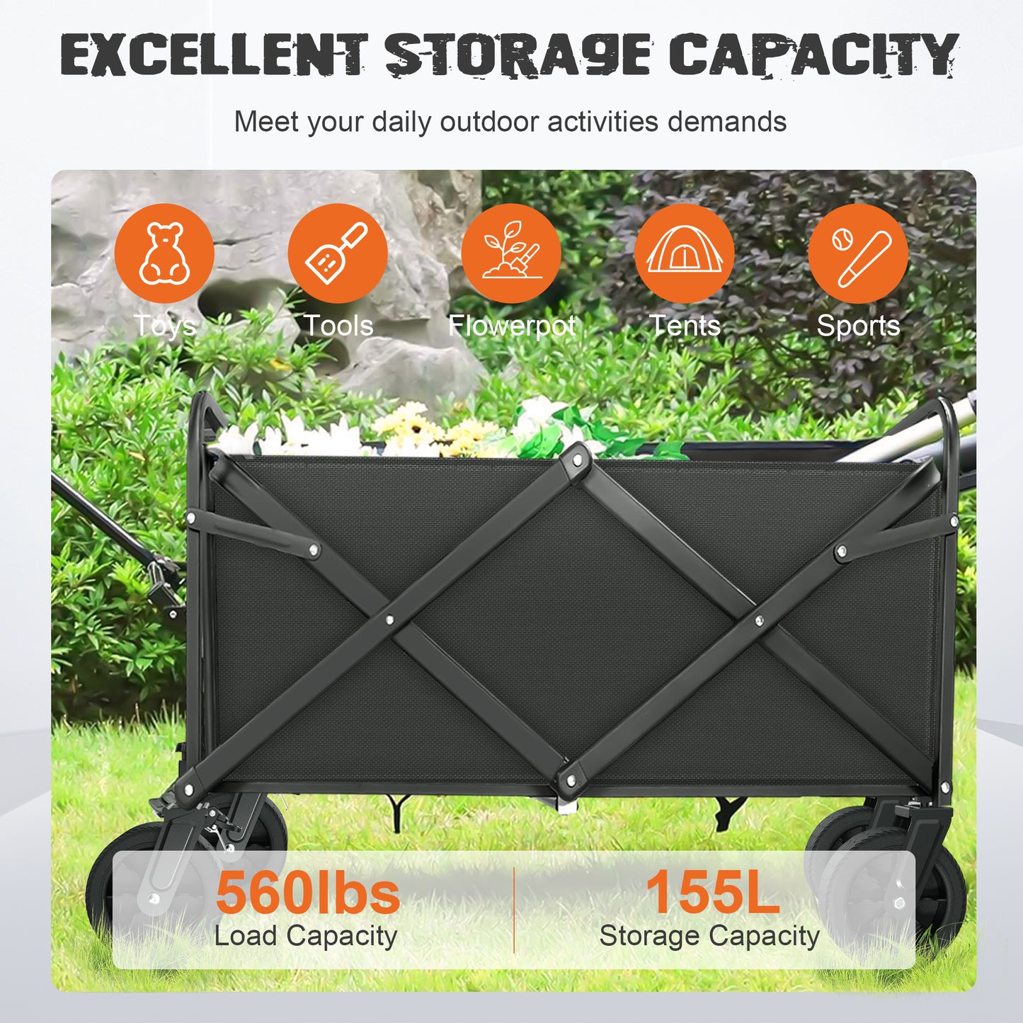 Qunler Large Collapsible Folding Wagon, 560 lbs Heavy Duty Big Bucket Utility Garden Cart with Oversized Tank Wheels for Sports, Shopping, Camping Kids, Black