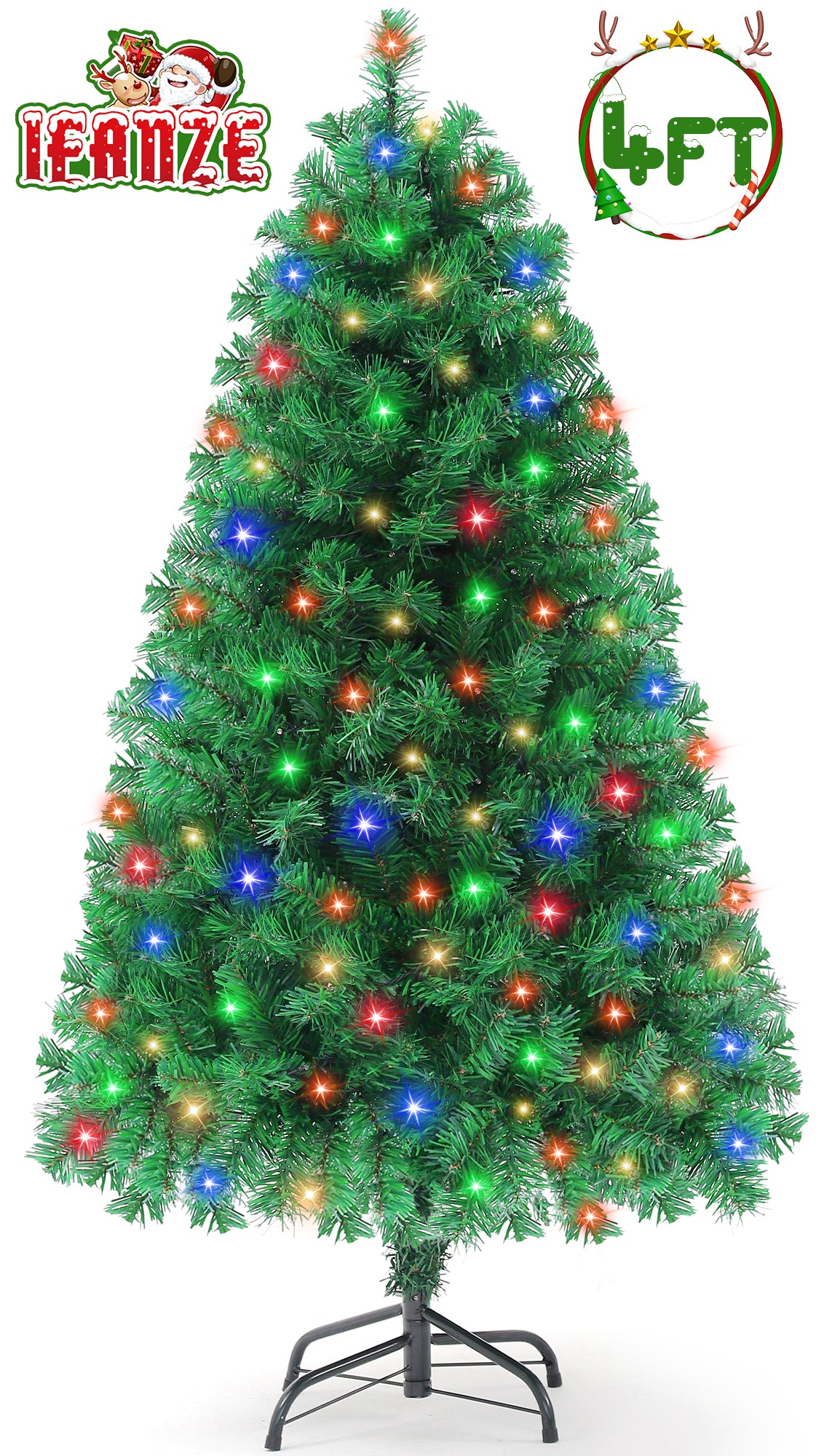 iFanze Pre-Lit Christmas Tree, 4ft Artificial Green Xmas Tree with Multi-colored 150 LED Lights & Metal Stand, 360 Lifelike Branch Tips