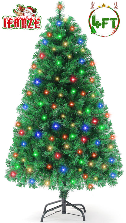Qunler Pre-Lit Christmas Tree, 4ft Artificial Green Xmas Tree with Multi-colored 150 LED Lights & Metal Stand, 360 Lifelike Branch Tips