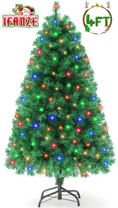iFanze Pre-Lit Christmas Tree, 4ft Artificial Green Xmas Tree with Multi-colored 150 LED Lights & Metal Stand, 360 Lifelike Branch Tips