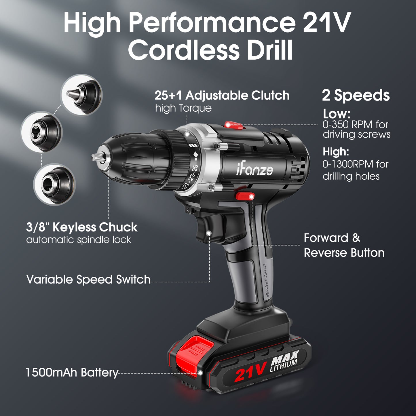 21V Cordless Drill, 3/8 inch Power Drill Driver Set with 2 Batteries Fast Charger, 2 Variable Speed, Built-in LED, Power Drills for Drilling and Tightening/Loosening Screws