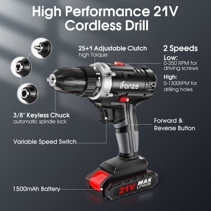 21V Cordless Drill, 3/8 inch Power Drill Driver Set with 2 Batteries Fast Charger, 2 Variable Speed, Built-in LED, Power Drills for Drilling and Tightening/Loosening Screws