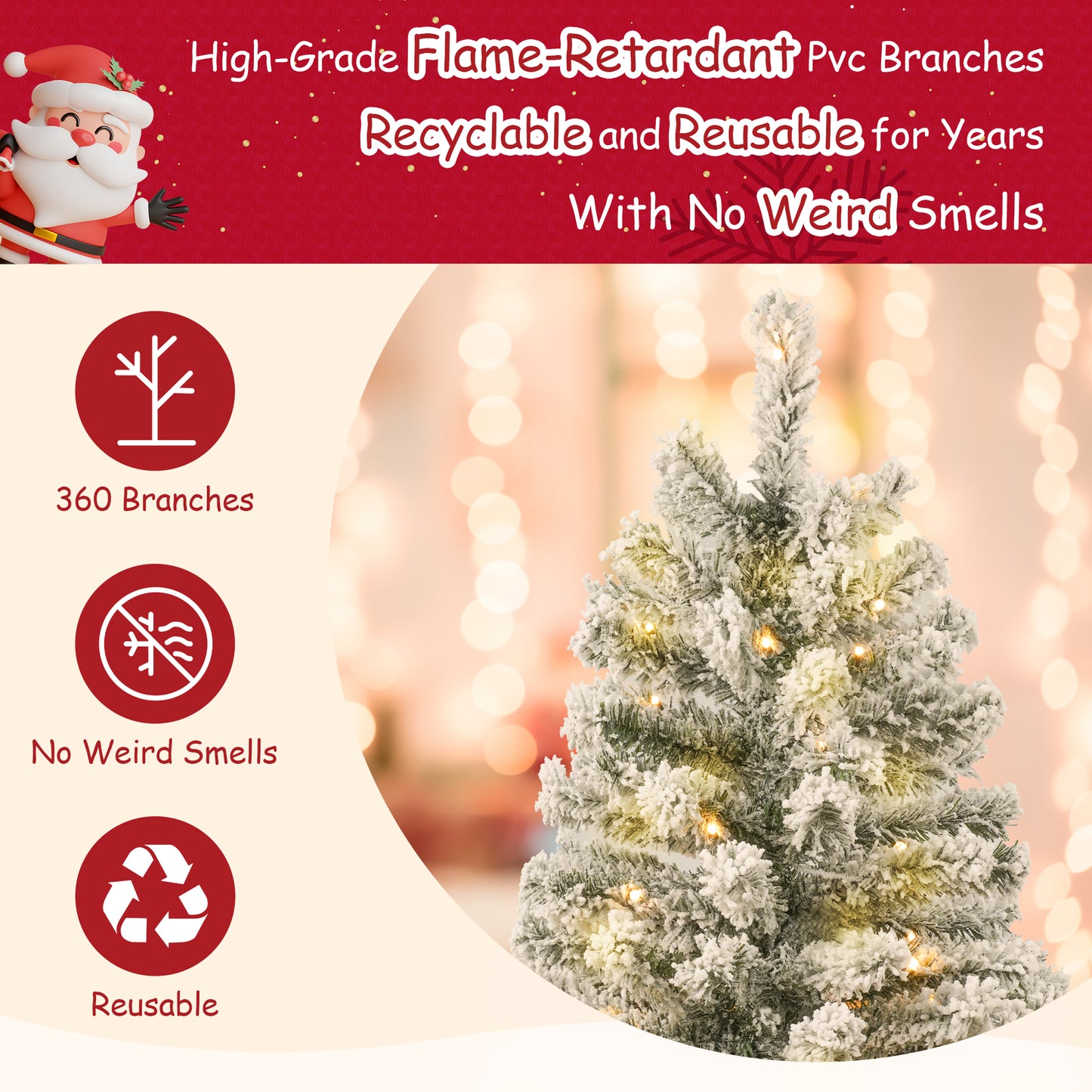 Qunler 4FT Pre-Lit Flocked Christmas Tree with 360 Branch Tips, Snow Artificial Xmas Tree with 100 LED Lights for Holiday, Outdoor, Indoor, Home