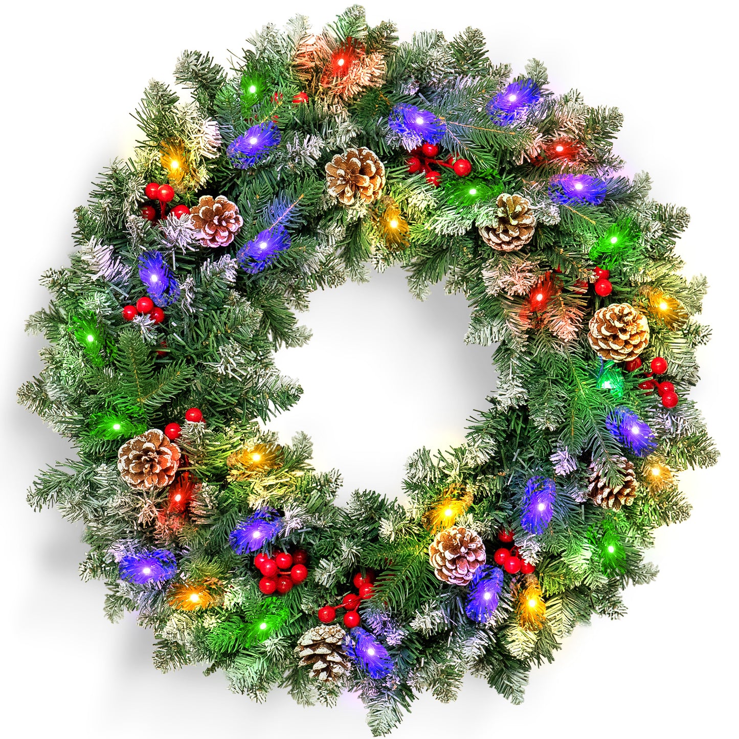 24" Pre-Lit Christmas Wreaths, Outdoor Lighted Christmas Wreath for Front Door, Christmas Red Berries, Pine Cones Wreath, Xmas Wreath Decor for Window Fireplace Indoor, Green