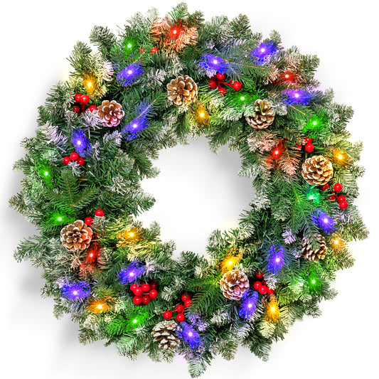 24" Pre-Lit Christmas Wreaths, Outdoor Lighted Christmas Wreath for Front Door, Christmas Red Berries, Pine Cones Wreath, Xmas Wreath Decor for Window Fireplace Indoor, Green