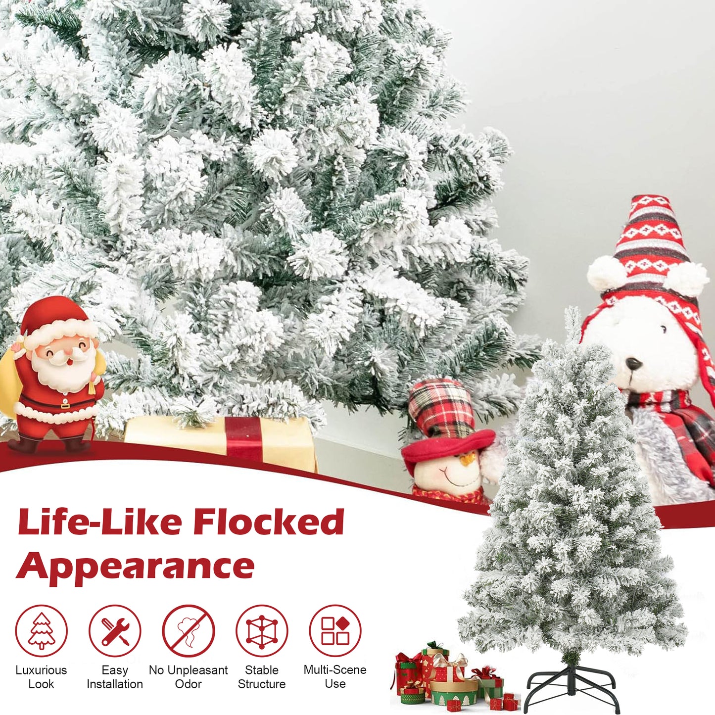 iFanze 3.5 FT Pre-Lit Premium Snow Flocked Christmas Tree w/ 150 Lights 300 Tips, Hinged Artificial Holiday Xmas Christmas Decoration, Metal Base Stand, White