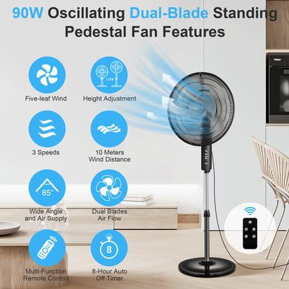 16" Dual-Blade Pedestal Fan, 90W Oscillating Standing Fan with Remote, 3 Speeds Settings, 40"- 49" Height Adjustable, 8H Timer, Tilt Head Floor Fan for Home, Living Room, Office Use