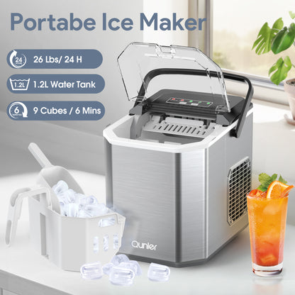 Qunler Ice Maker Countertop, 2 Sizes 9 Bullet Ice Cubes in 6 Mins, 26lbs/24Hrs, Self Cleaning Pebble Ice Machine with Scoop, Small Portable Ice Cube Maker for Home, Kitchen, Camping