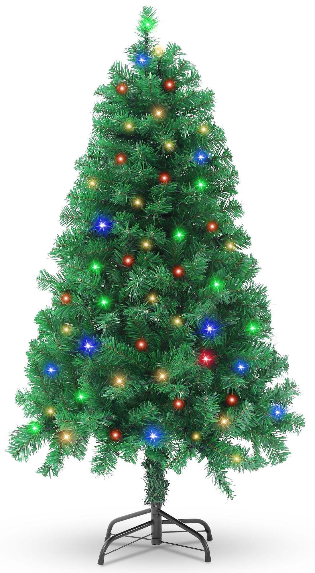 Qunler Pre-Lit Christmas Tree, 4ft Artificial Green Xmas Tree with Multi-colored 150 LED Lights & Metal Stand, 360 Lifelike Branch Tips