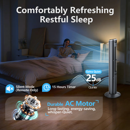 Qunler Tower Fan with Remote, 40" Bladeless Fan for Home, 70° Oscillation, 3 Speeds, 2 Modes, 15H Timer Quiet AC Motor Floor Fan for Bedroom, Office, Gray