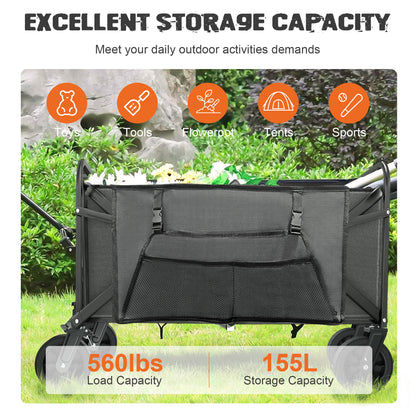 560lbs Large Collapsible Garden Cart with Brakes, Qunler Folding Utility Wagon with Big Wheels and Side Pocket for Camping, Grocery, Gray
