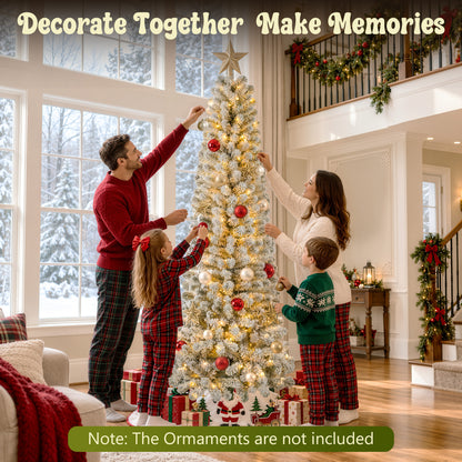 7ft Pre-Lit Snow Flocked Pencil Christmas Tree Hinged Slim Skinny Corner Xmas Tree with 300 Warm & Multicolor Lights & 640 Snow Branch Tips