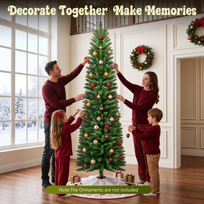 7ft Pre-Lit Pencil Christmas Tree, 663 Tip Artificial Xmas Tree with 250 Dual-Color LEDs, 10 Lighting Modes, Metal Stand, Green