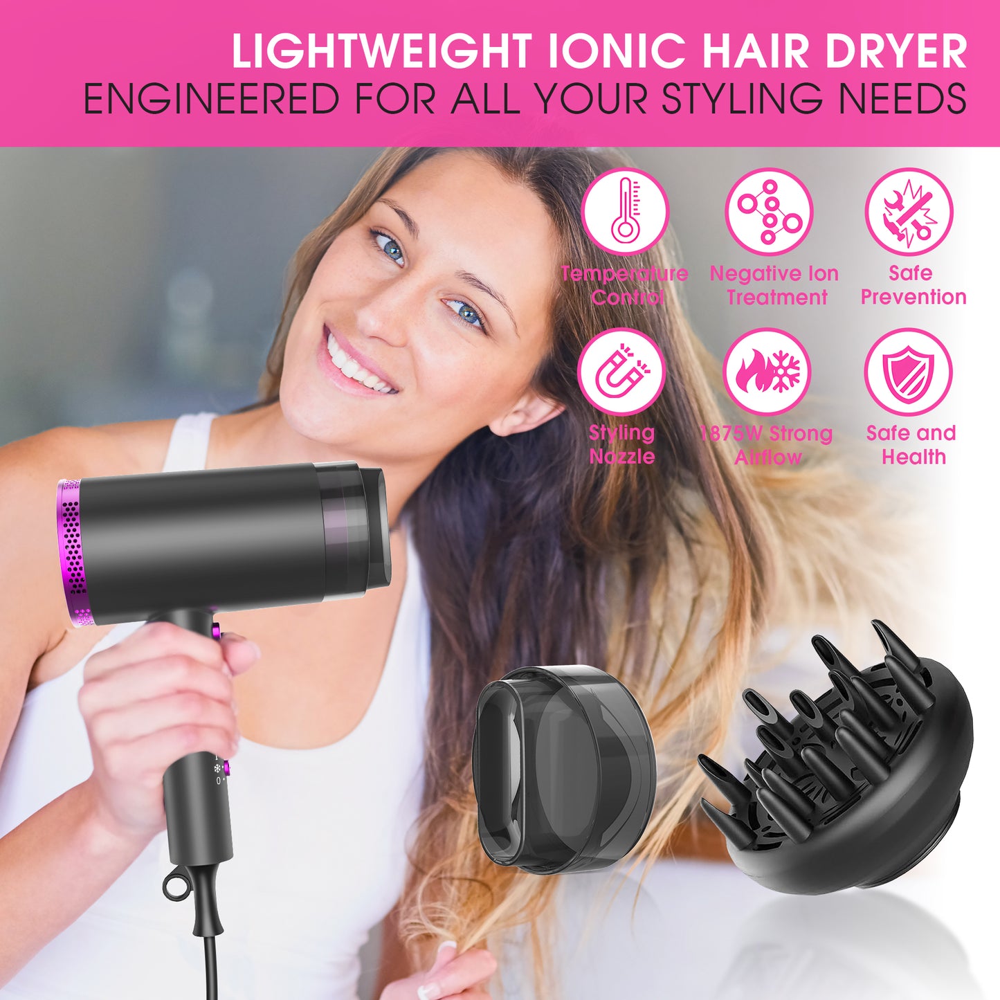2000W Hair Dryer,Professional Ionic Hair Blow Dryers with 3 Heat Settings,2 Speed, Cool Settings,Fast Drying Blow Dryer for Home,Travel,Salon and Hotel