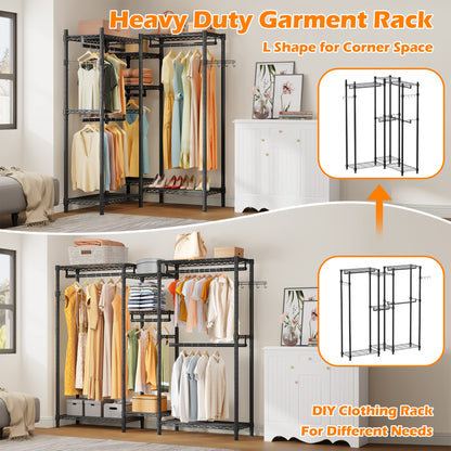 Qunler Portable Closet Garment Rack, Adjustable Heavy Duty Clothes Rack, 72" L x 15.7" W x 76.8" H Freestanding Wire Shelving Custom Clothing Rack, Metal Wardrobe Max Load 750 LBS, Black