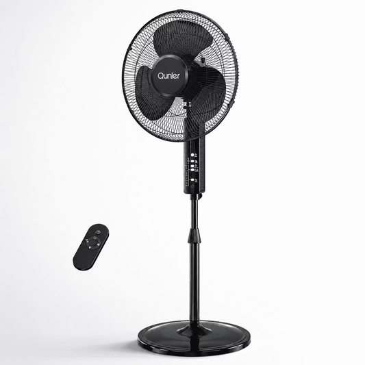 Qunler 16'' Oscillating Standing Fan with Remote, 3-Speed Height Adjustment Pedestal Fan, 10H Timer Stand up Fan for Bedroom Home Office