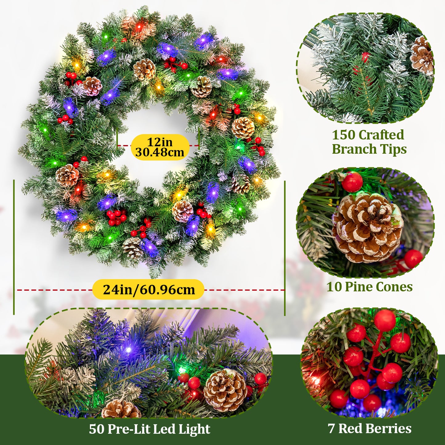 24" Pre-Lit Christmas Wreaths, Outdoor Lighted Christmas Wreath for Front Door, Christmas Red Berries, Pine Cones Wreath, Xmas Wreath Decor for Window Fireplace Indoor, Green