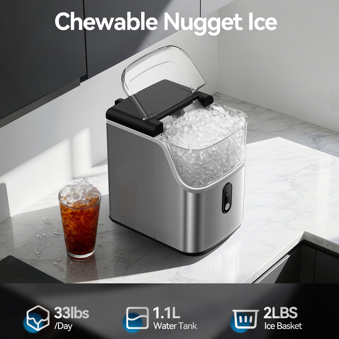 Qunler Countertop Nugget Ice Maker Machine, 33lb/Day Soft Chewable Pebble Crushed Portable Ice Maker, Stainless Steel