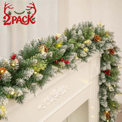 2 Pack 9ft Pre-Lit Christmas Garland with Warm White LED Lights, 8 Modes, Red Berries and Frosted Pinecones, Battery Operated Decor, Green