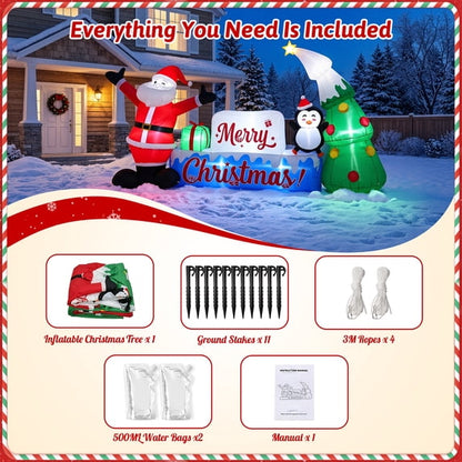 12ft Christmas Inflatables, Lighted Merry Christmas Sign with Santa, Christmas Tree, and Penguin, Giant Blow Up Outdoor Christmas Lawn Yard Decoration