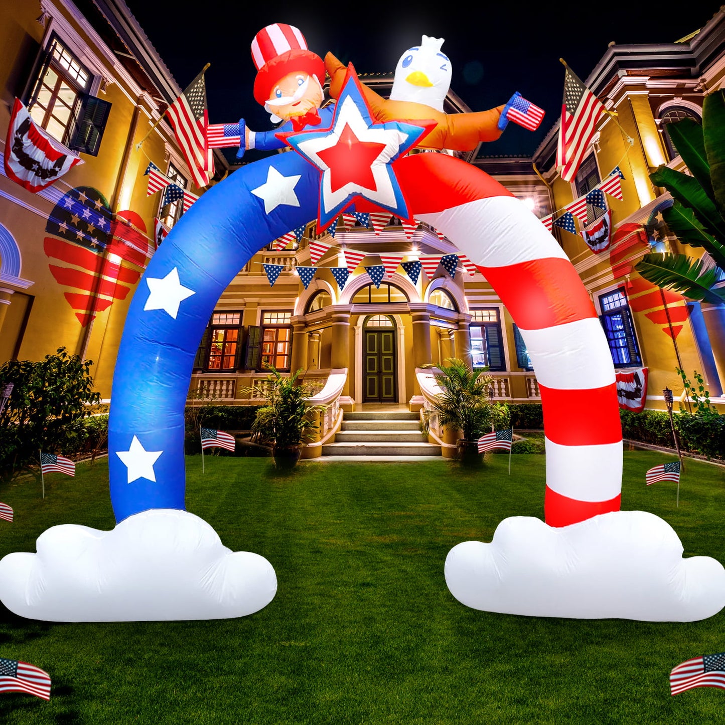 8Ft Patriotic Independence Day 4th of July Inflatable Archway Uncle Sam and Flying Bald Eagle with American Flag Archway Bulit-in LED Blow-up Outdoor Airblown Inflatable Home Yard Holiday Decoration
