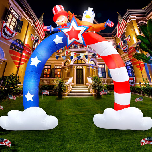 8Ft Patriotic Independence Day 4th of July Inflatable Archway Uncle Sam and Flying Bald Eagle with American Flag Archway Bulit-in LED Blow-up Outdoor Airblown Inflatable Home Yard Holiday Decoration