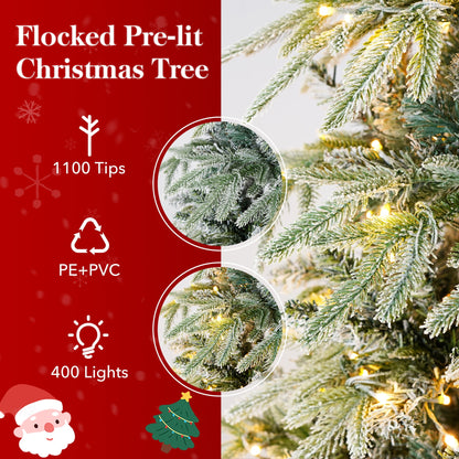 Qunler 9ft Pre-lit Snow Flocked Artificial Christmas Tree with 400 Warm Lights 8 Modes, 1100 PE+PVC Snowy Branches, white