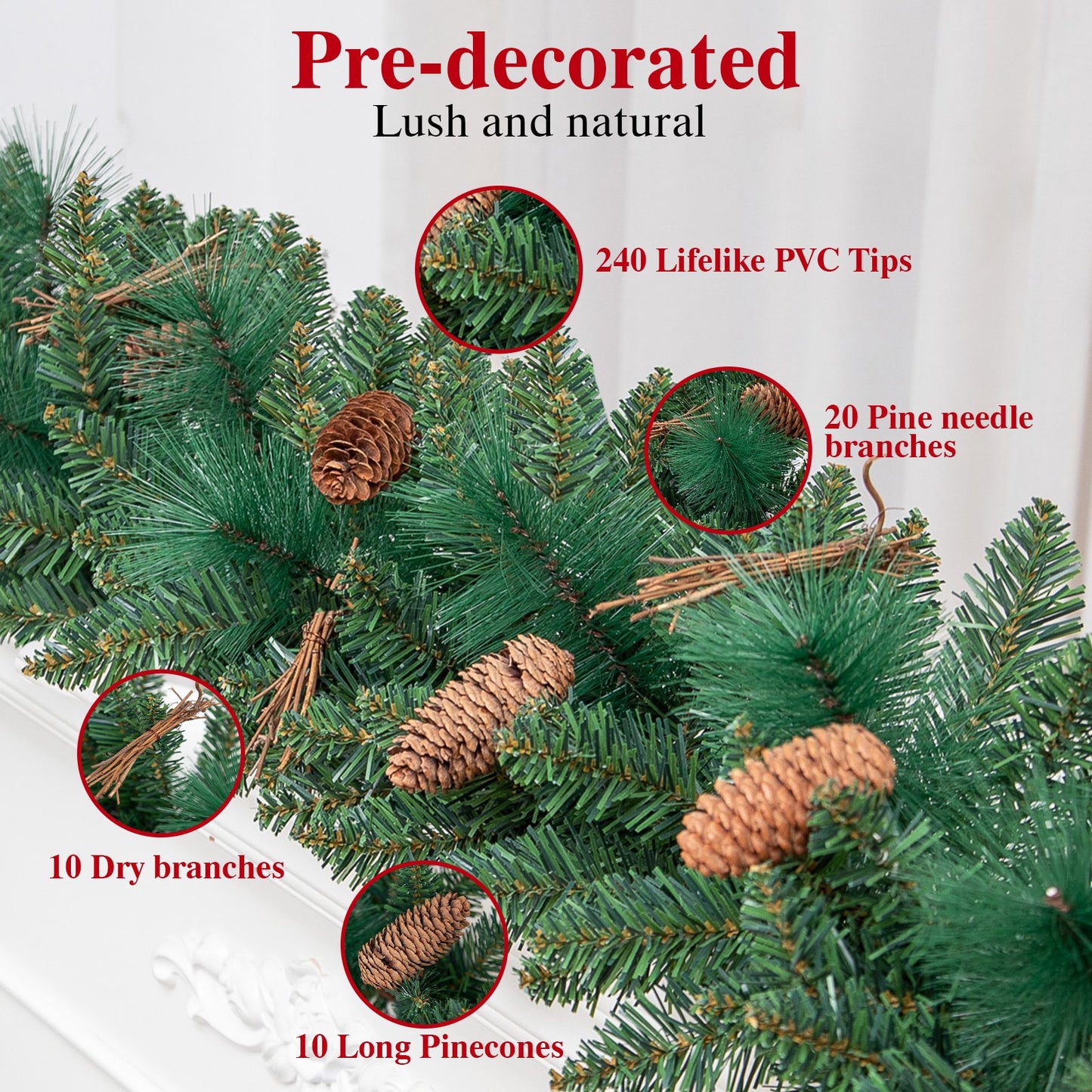 9ft Outdoor Pre-Lit Christmas Garland for Fireplace Mantel Stairs Doorway Indoor Outdoor Xmas Holiday Decoration,Battery Operated LED Lights